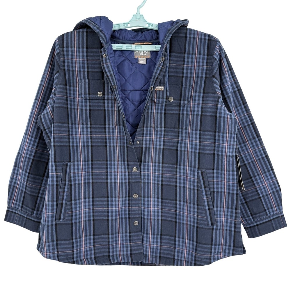 Ariat Rebar Women's Flannel Shacket XL Navy Blue Plaid Hooded Quilted Lined NWT